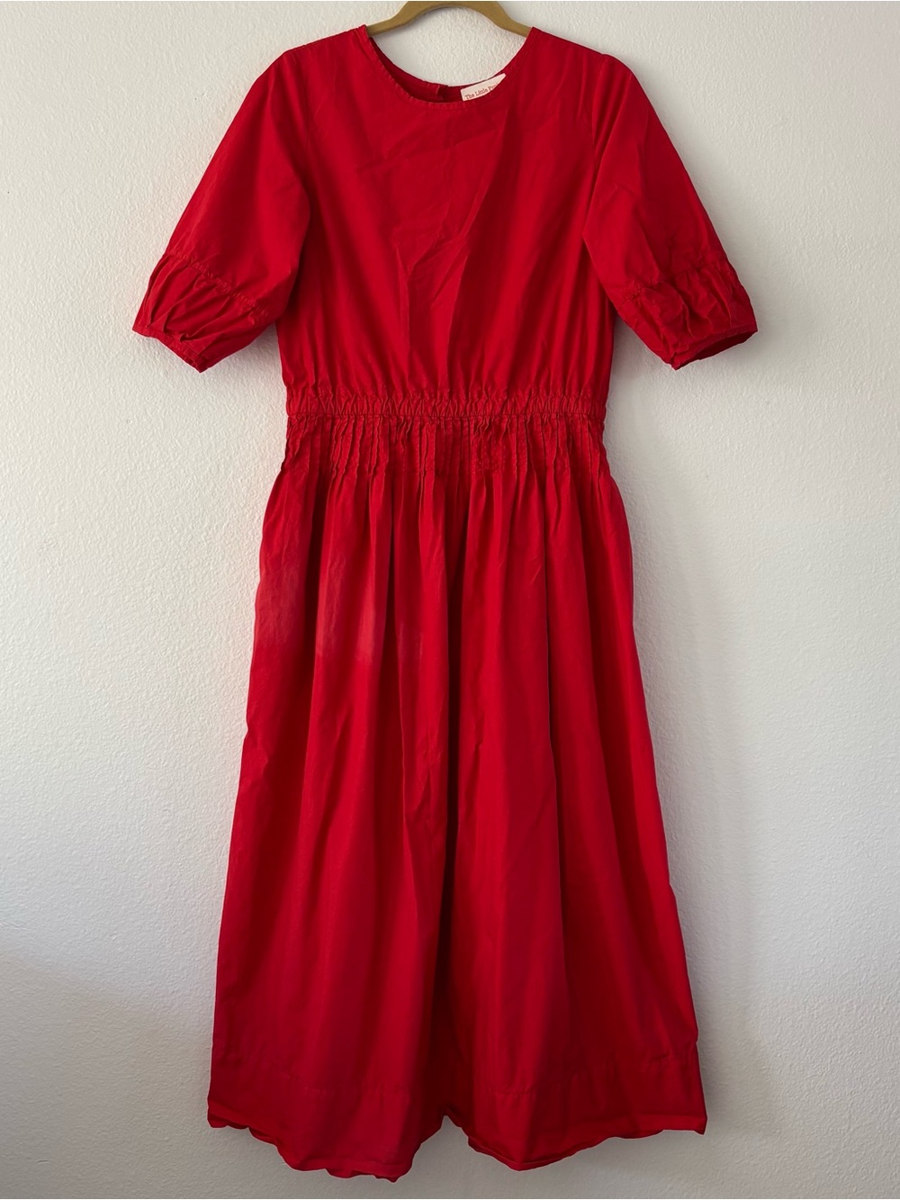 The Little Project Red Puff Sleeve Cotton Poplin Smocked Midi Dress Size S
